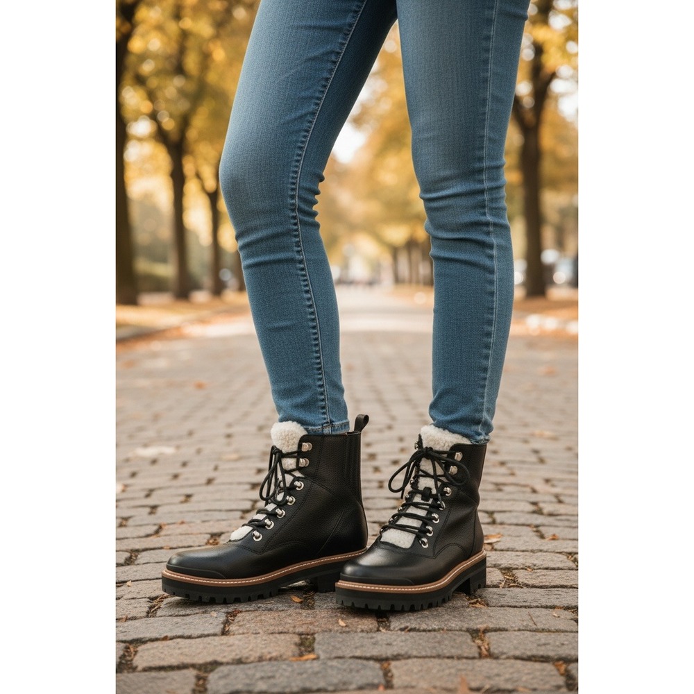 Marc Fisher LTD Black Leather Lace Up Fur Lined Combat Boots Women Size 6.5